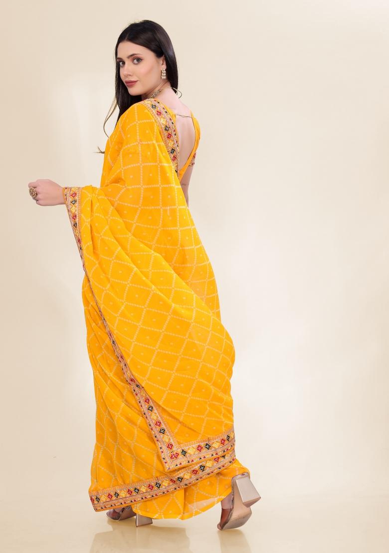 Yellow Bandhani Print Georgette Saree Set