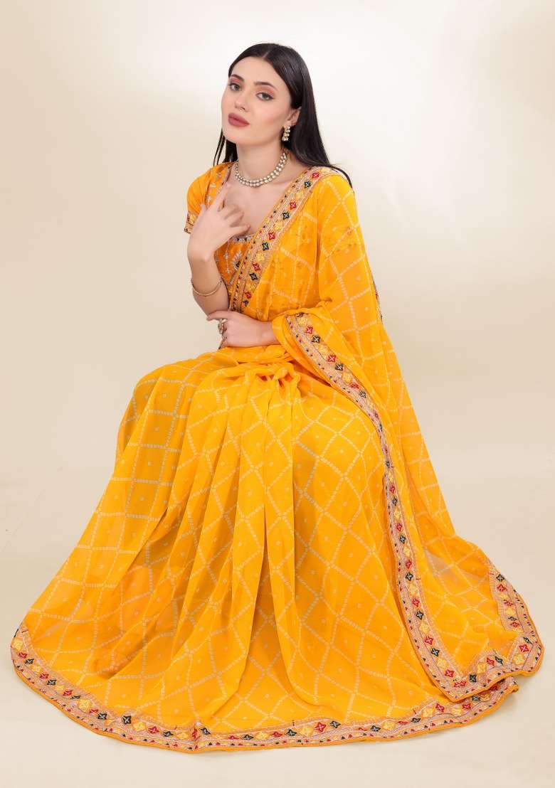 Yellow Bandhani Print Georgette Saree Set - Indya