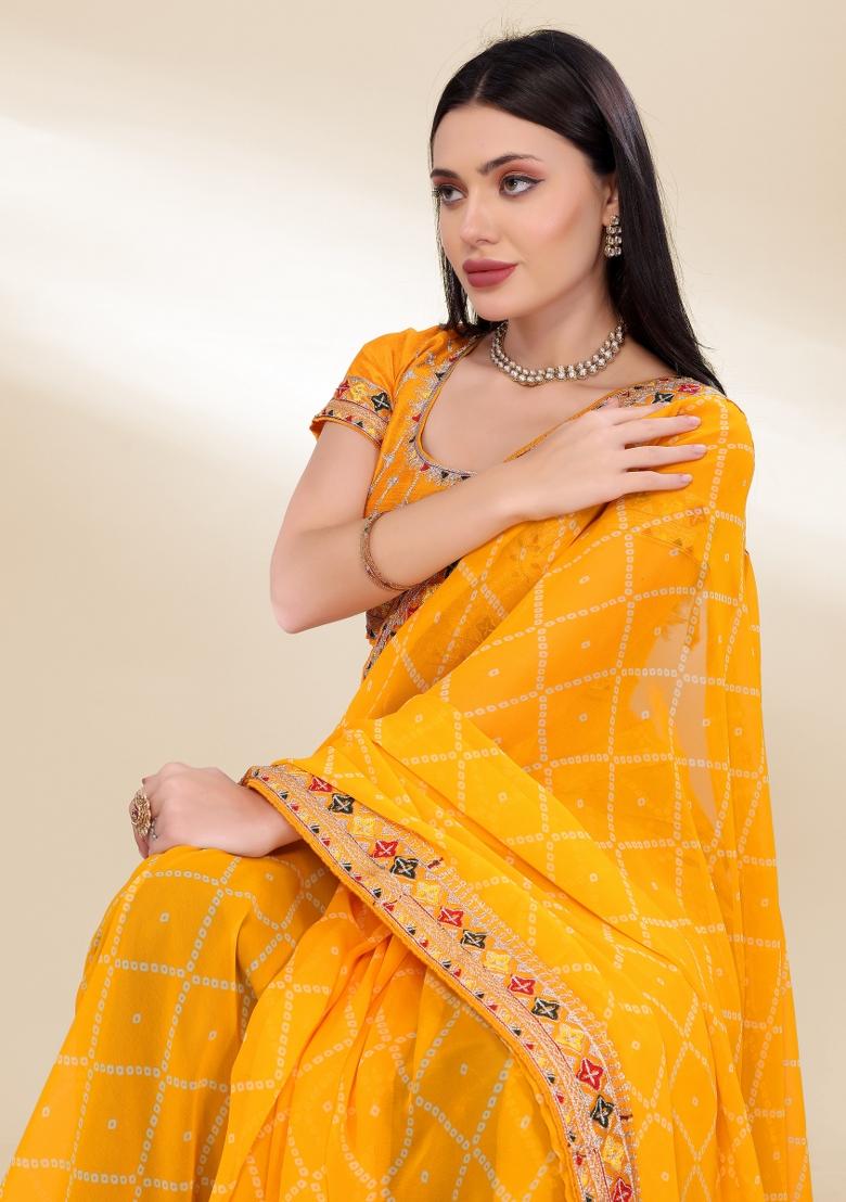 Yellow Bandhani Print Georgette Saree Set