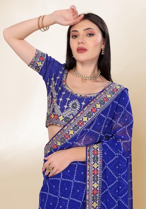 Blue Bandhani Print Georgette Saree Set