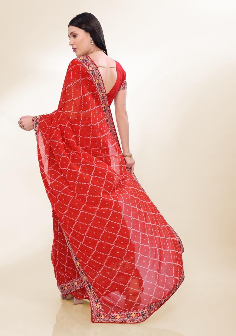 Red Bandhani Print Georgette Saree Set