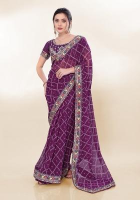 Purple Bandhani Print Georgette Saree Set