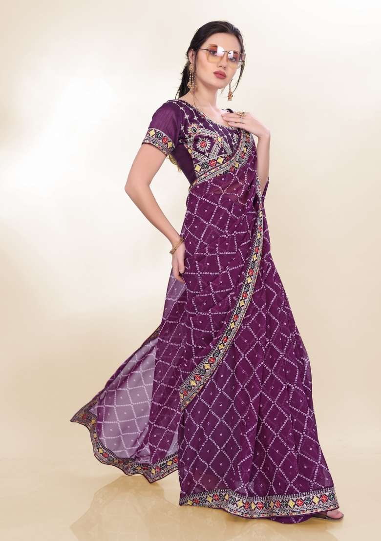 Purple Bandhani Print Georgette Saree Set - Indya