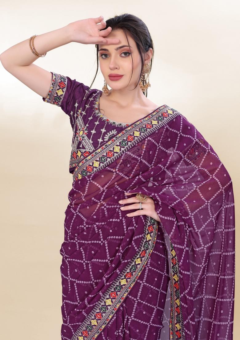 Purple Bandhani Print Georgette Saree Set