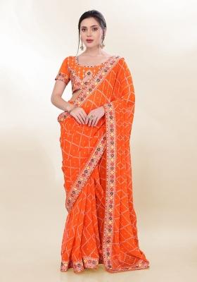 Orange Bandhani Print Georgette Saree Set