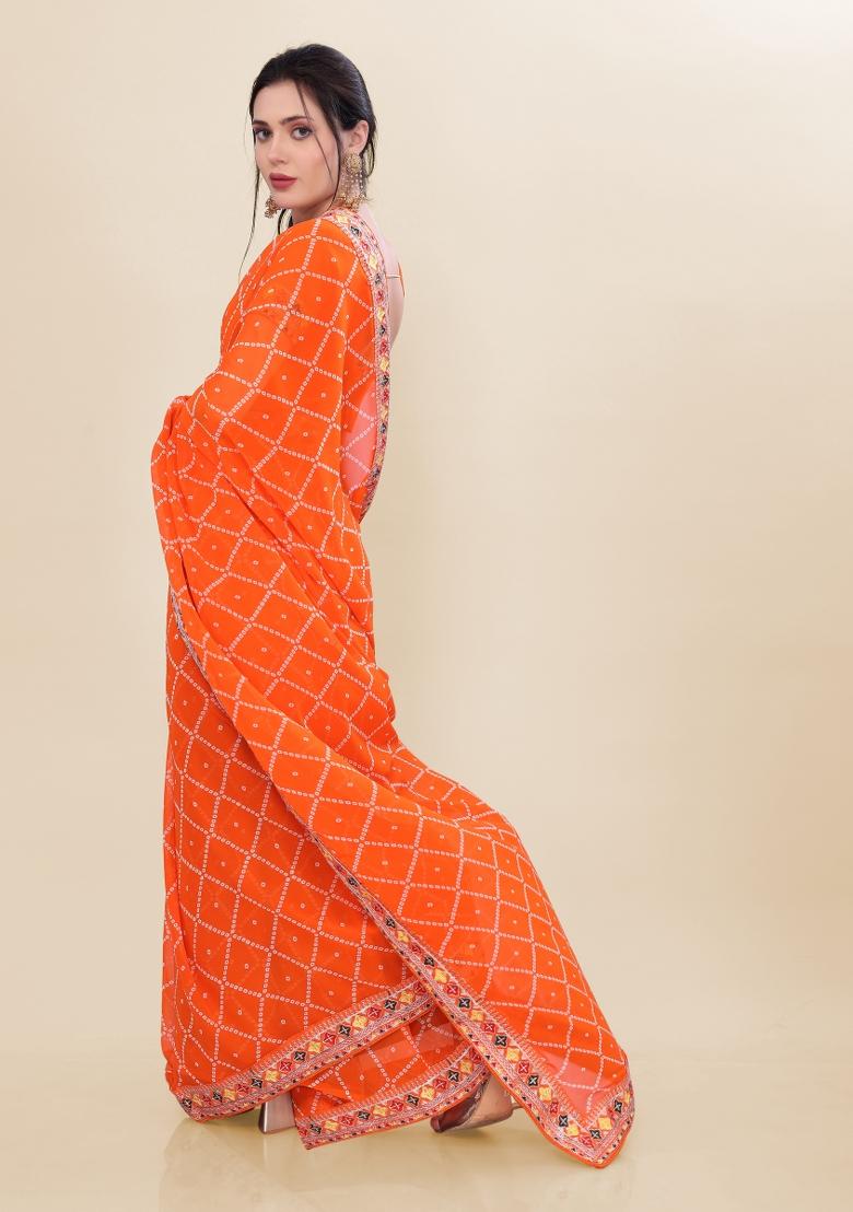 Orange Bandhani Print Georgette Saree Set