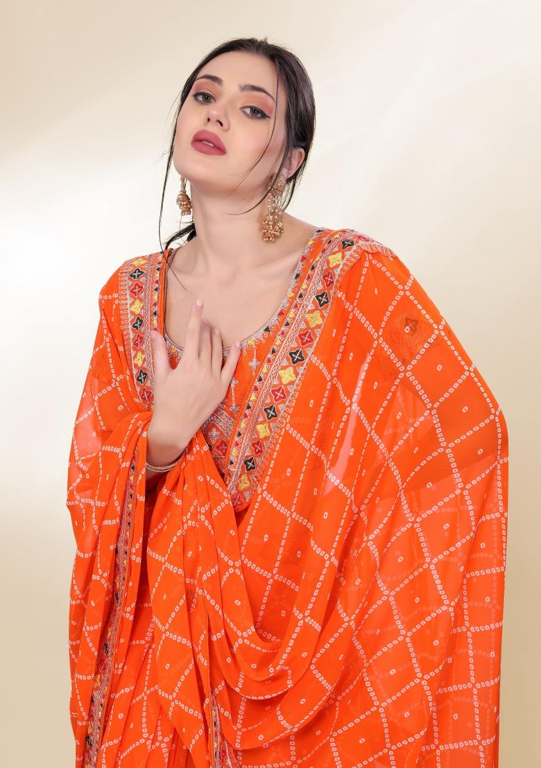 Orange Bandhani Print Georgette Saree Set