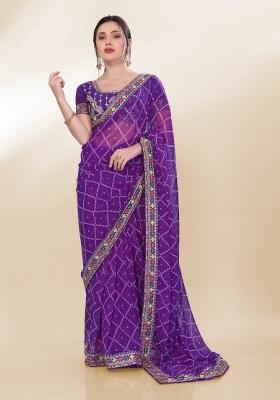 Voilet Bandhani Print Georgette Saree Set