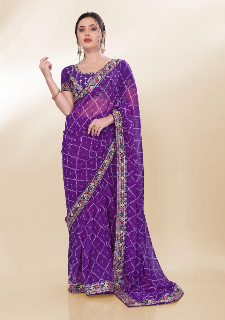 Voilet Bandhani Print Georgette Saree Set