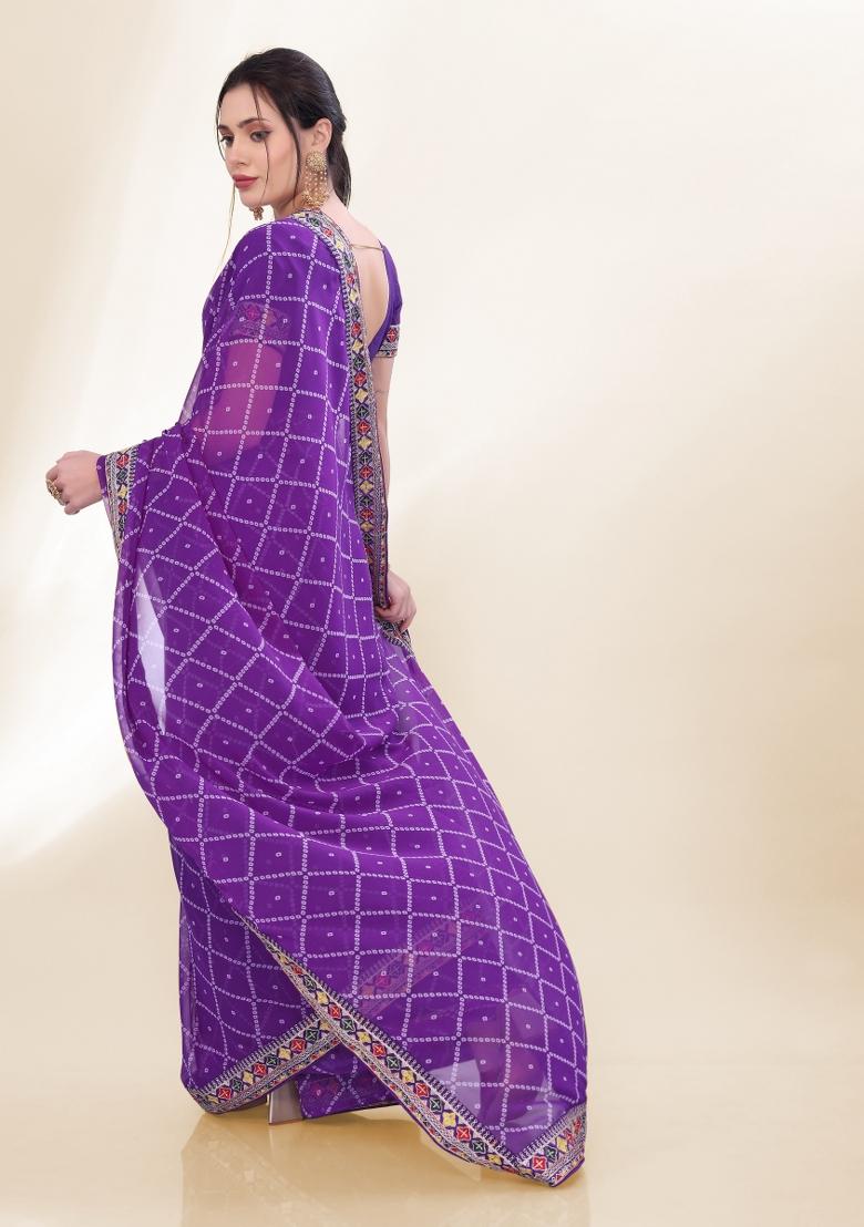 Voilet Bandhani Print Georgette Saree Set