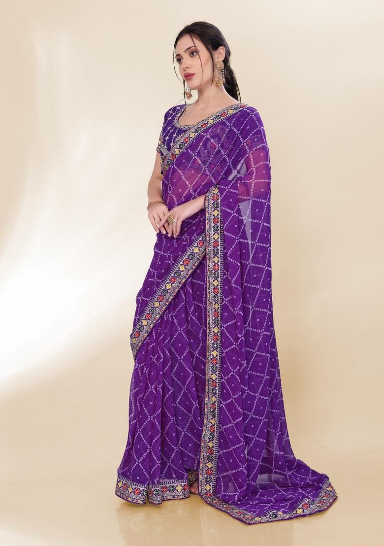 Voilet Bandhani Print Georgette Saree Set