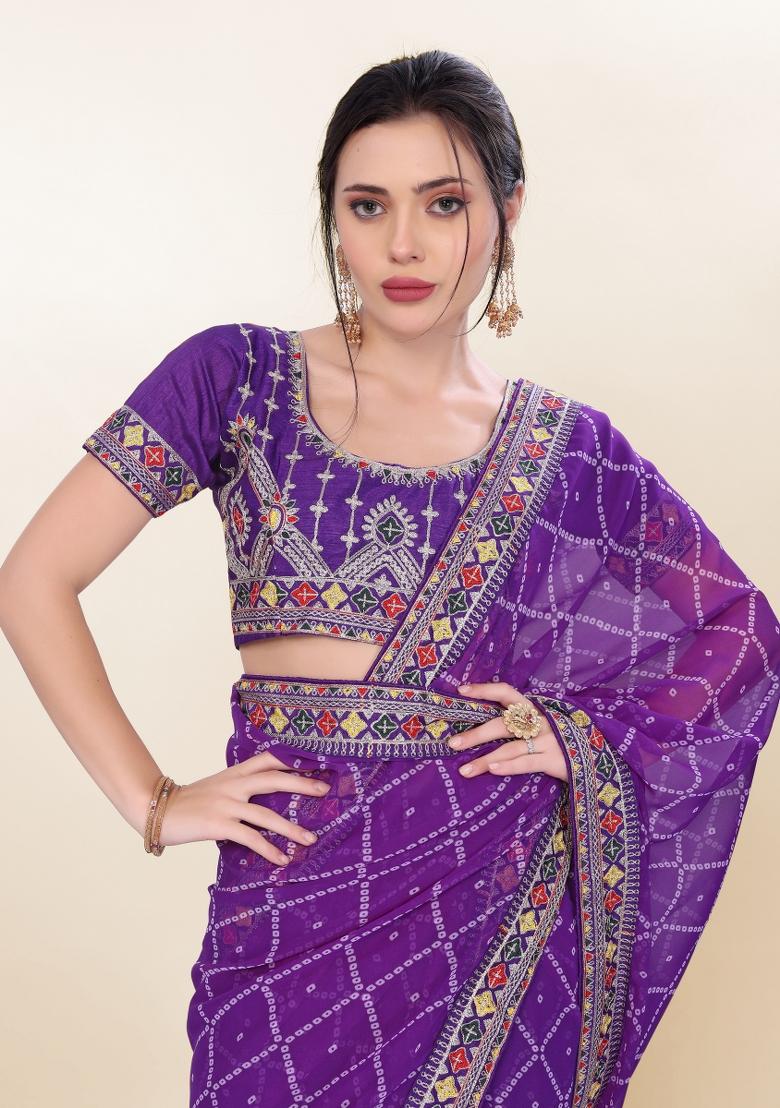 Voilet Bandhani Print Georgette Saree Set