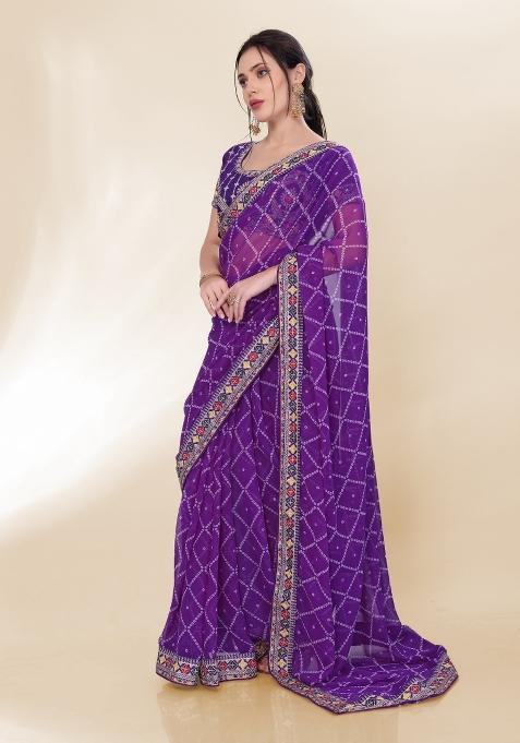 Voilet Bandhani Print Georgette Saree Set