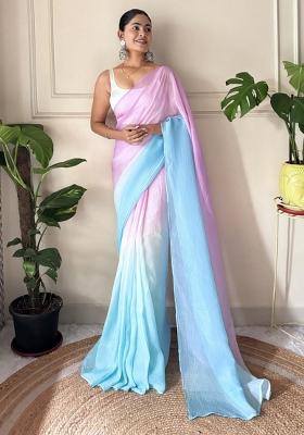 Purple Solid Satin Saree Set