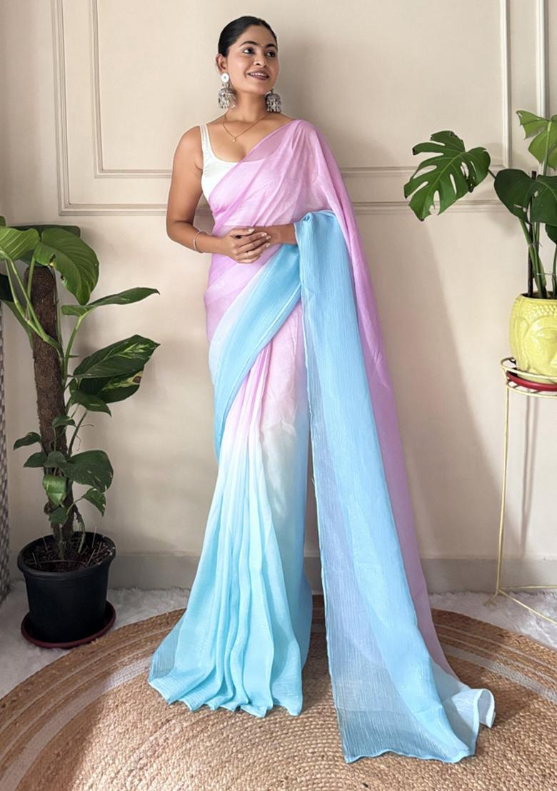 Purple Solid Satin Saree Set
