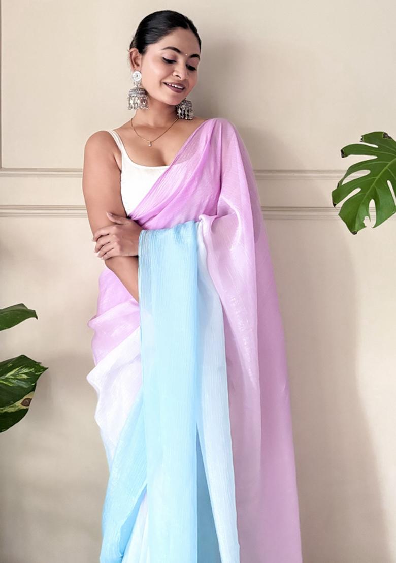 Purple Solid Satin Saree Set