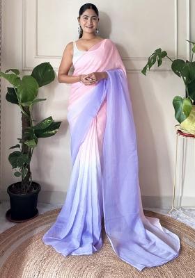 Pink Solid Satin Saree Set
