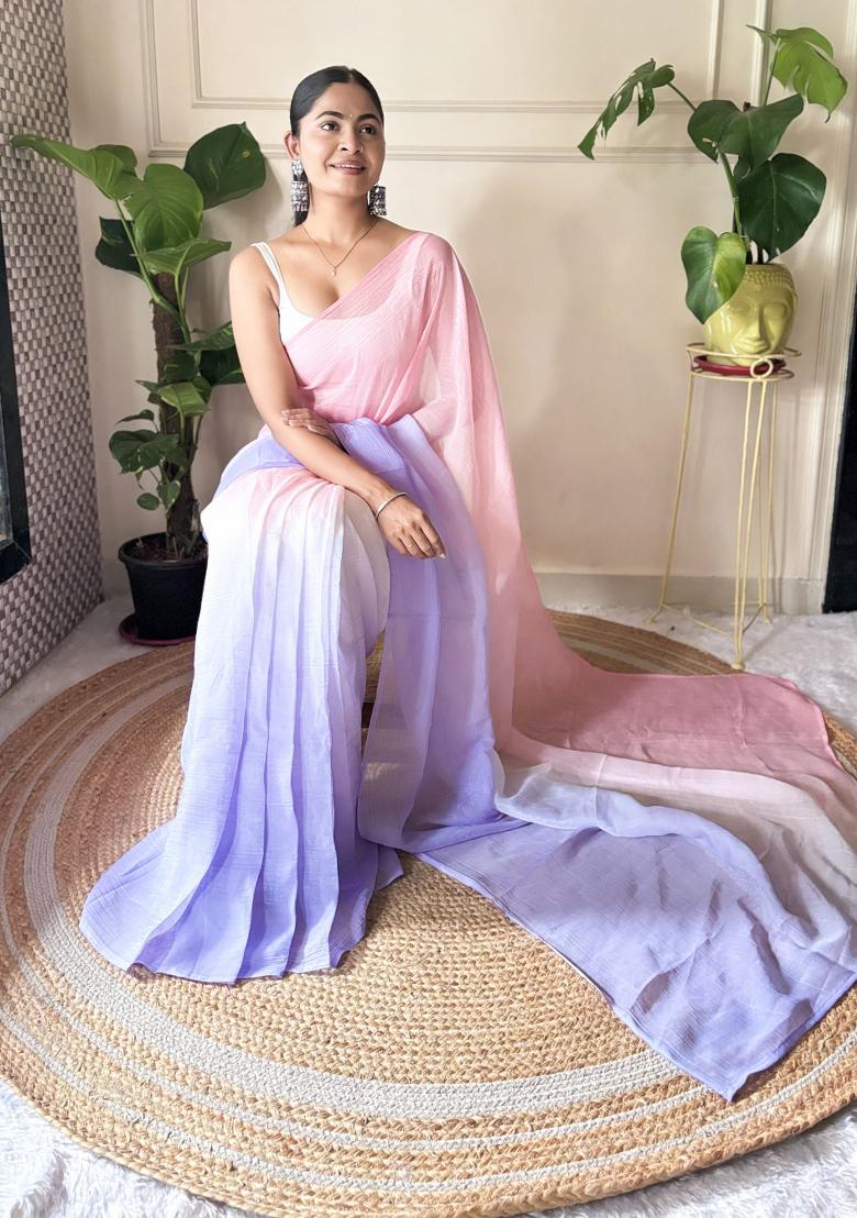 Pink Solid Satin Saree Set