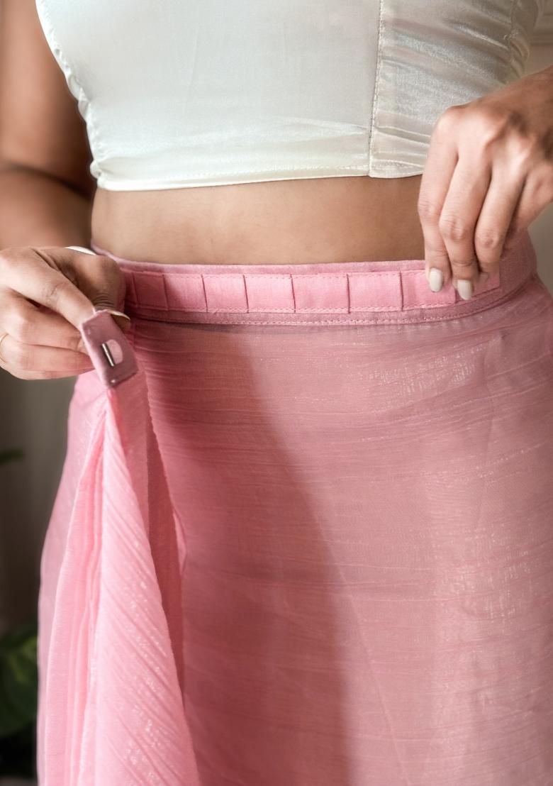 Pink Solid Satin Saree Set