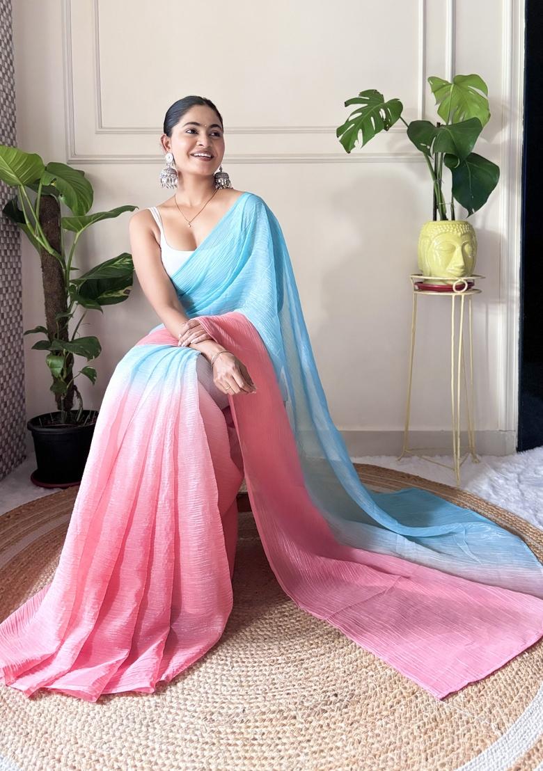 Sky Blue Solid Satin Saree Set