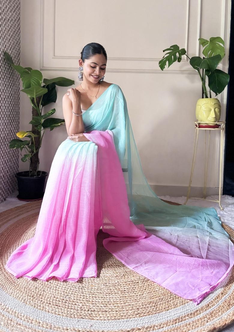 Sea Green Solid Satin Saree Set
