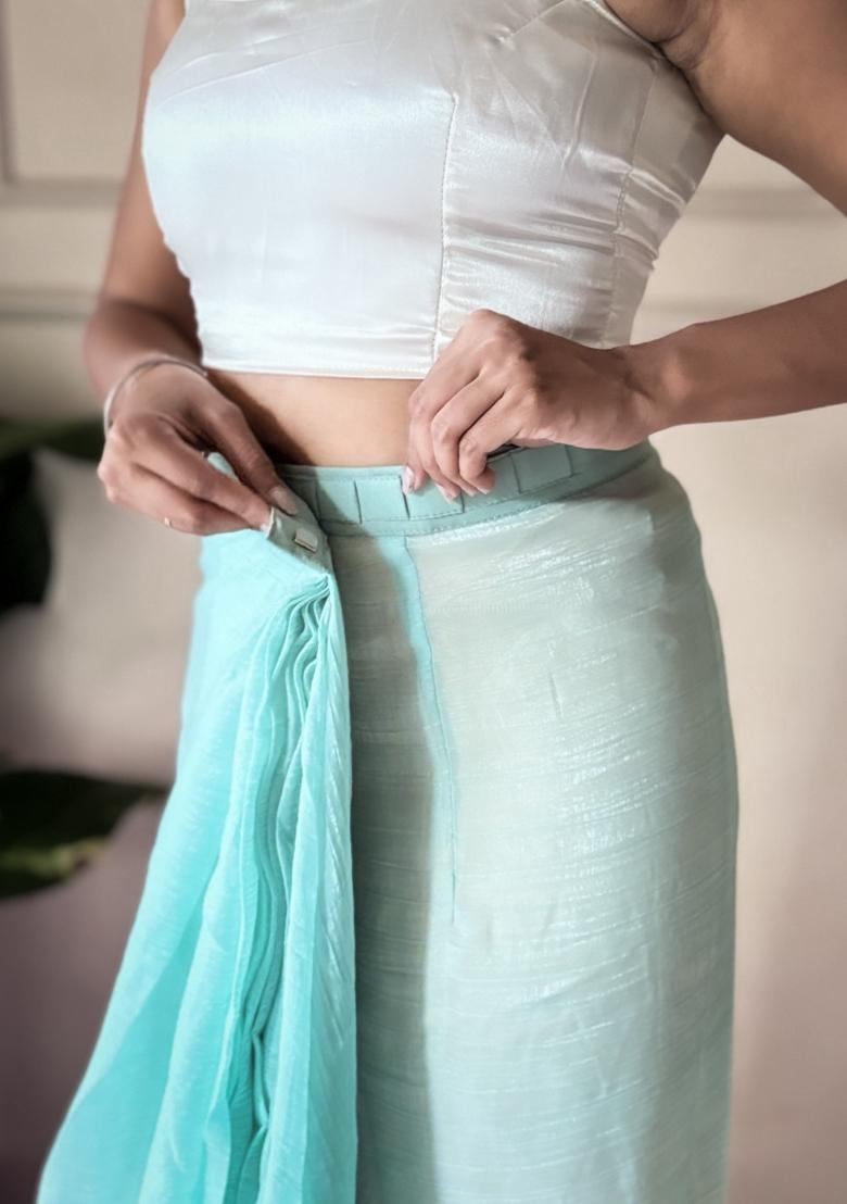 Sea Green Solid Satin Saree Set