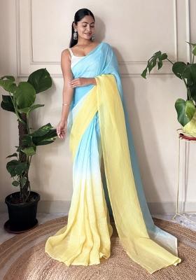 Yellow Solid Satin Saree Set
