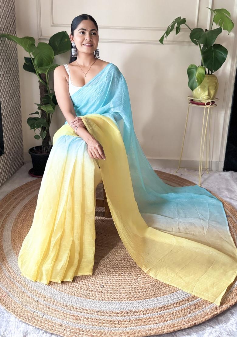 Yellow Solid Satin Saree Set