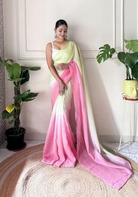 Pink Solid Satin Saree Set