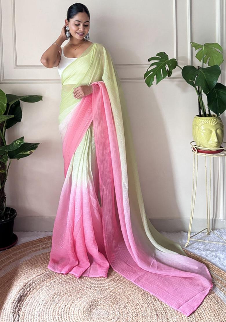 Pink Solid Satin Saree Set