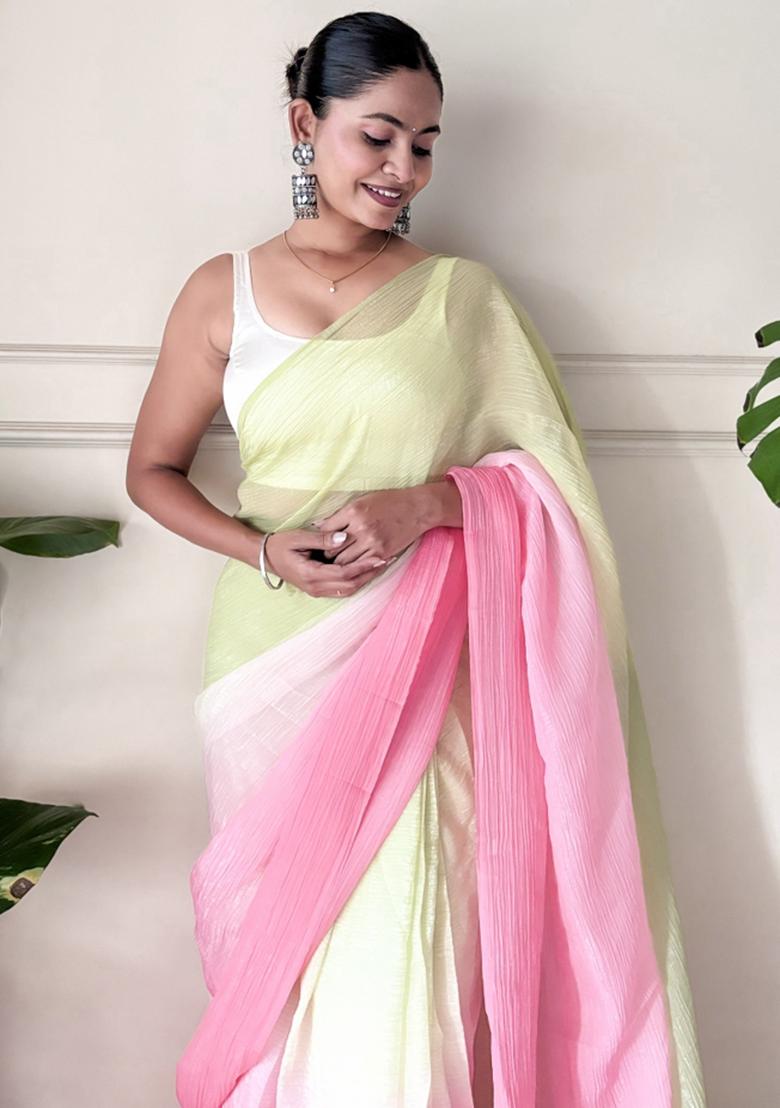 Pink Solid Satin Saree Set