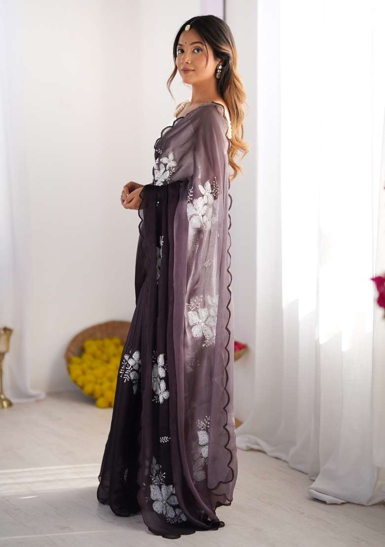 Levender Sequin Embroidered Jimmy Choo Saree Set - Indya