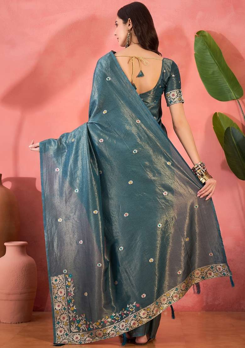 Grey Woven Cotton Saree Set - Indya