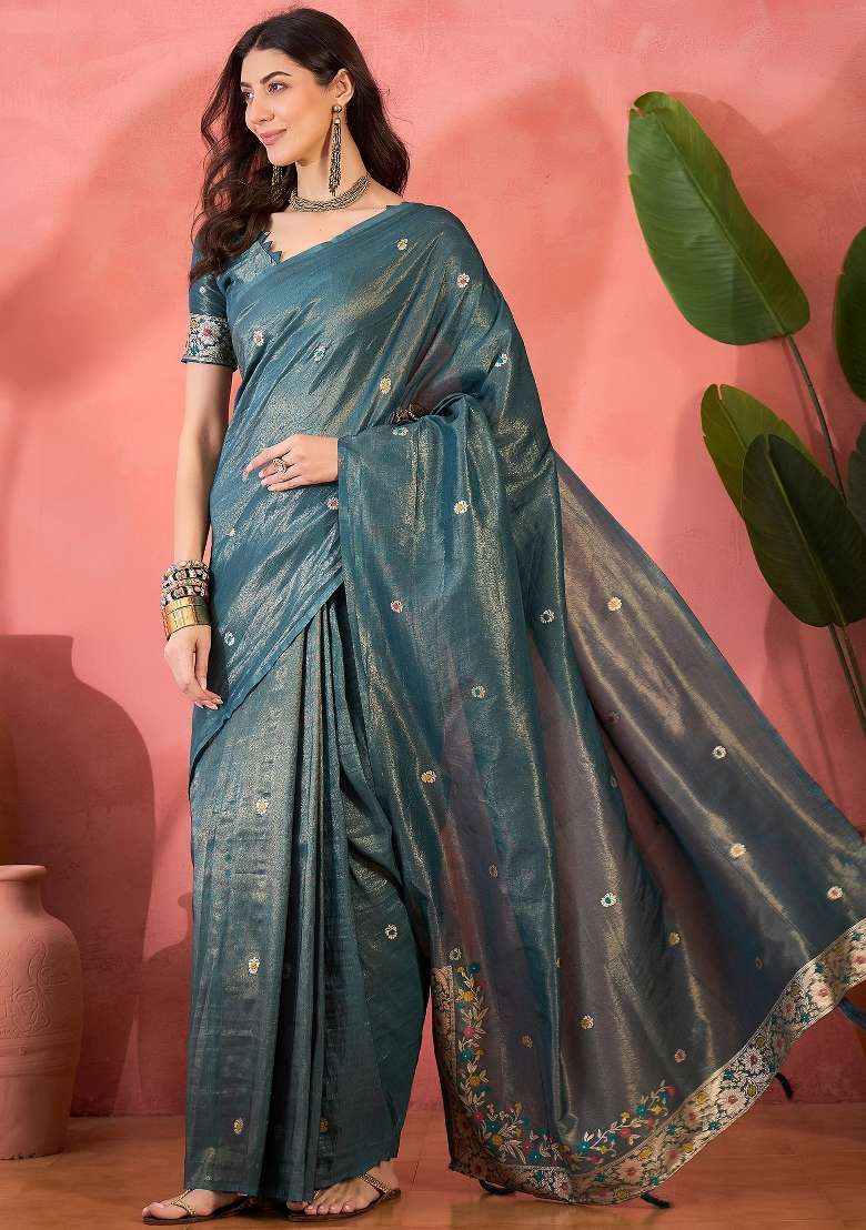Grey Woven Cotton Saree Set - Indya