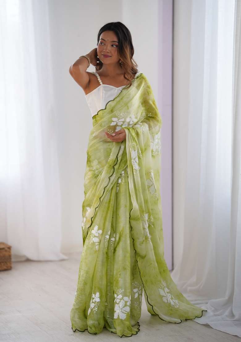 Green Sequin Embroidered Jimmy Choo Saree Set - Indya