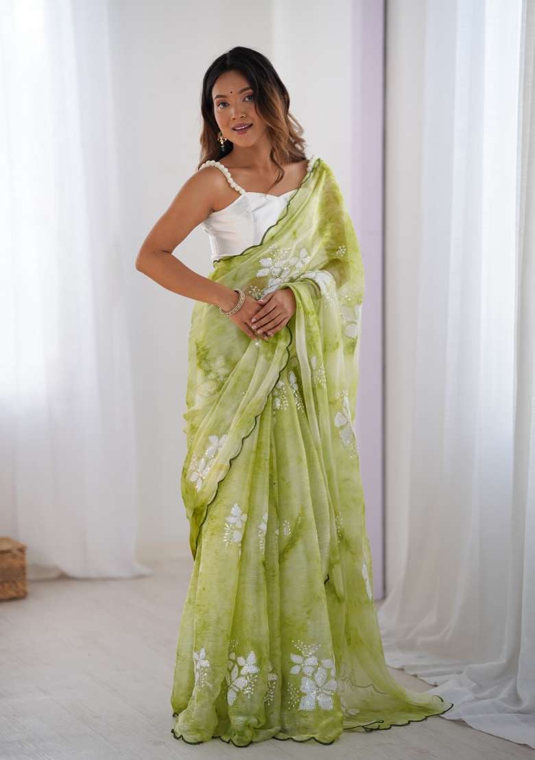Green Sequin Embroidered Jimmy Choo Saree Set - Indya