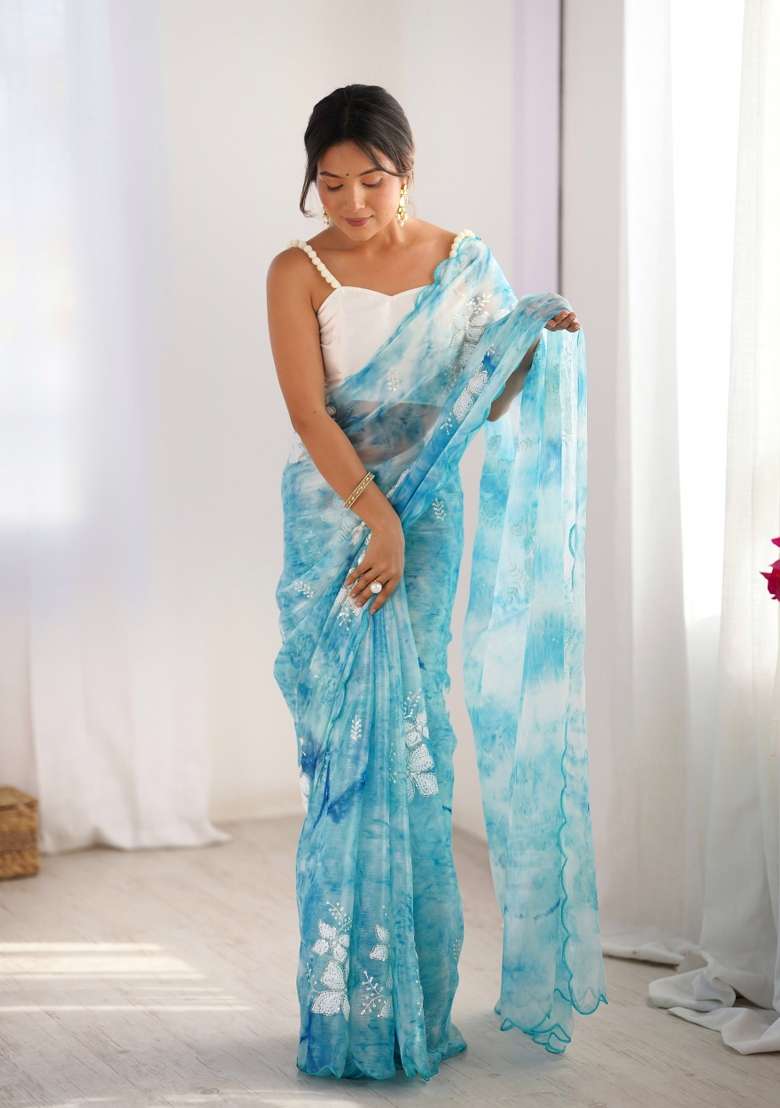 Sky Blue Sequin Embroidered Jimmy Choo Saree Set - Indya
