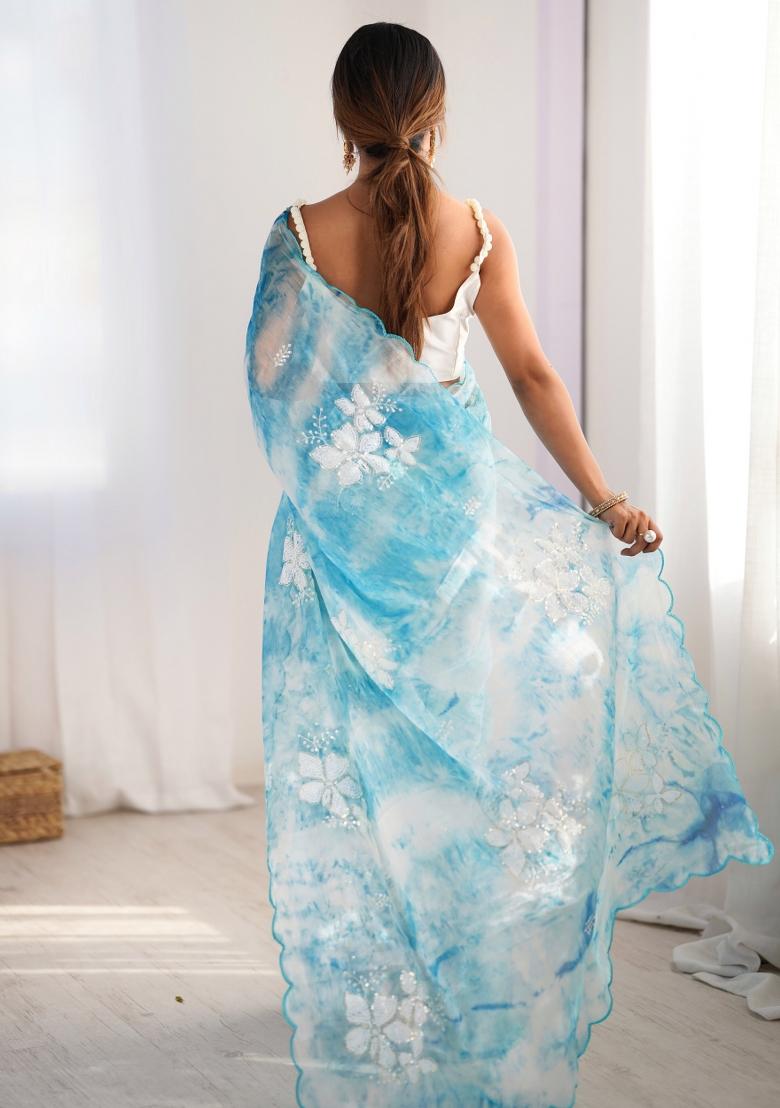 Sky Blue Sequin Embroidered Jimmy Choo Saree Set
