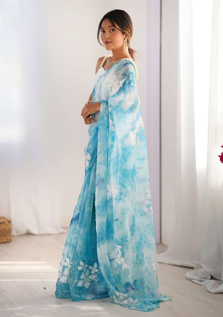Sky Blue Sequin Embroidered Jimmy Choo Saree Set - Indya