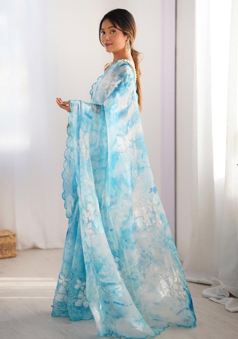 Sky Blue Sequin Embroidered Jimmy Choo Saree Set