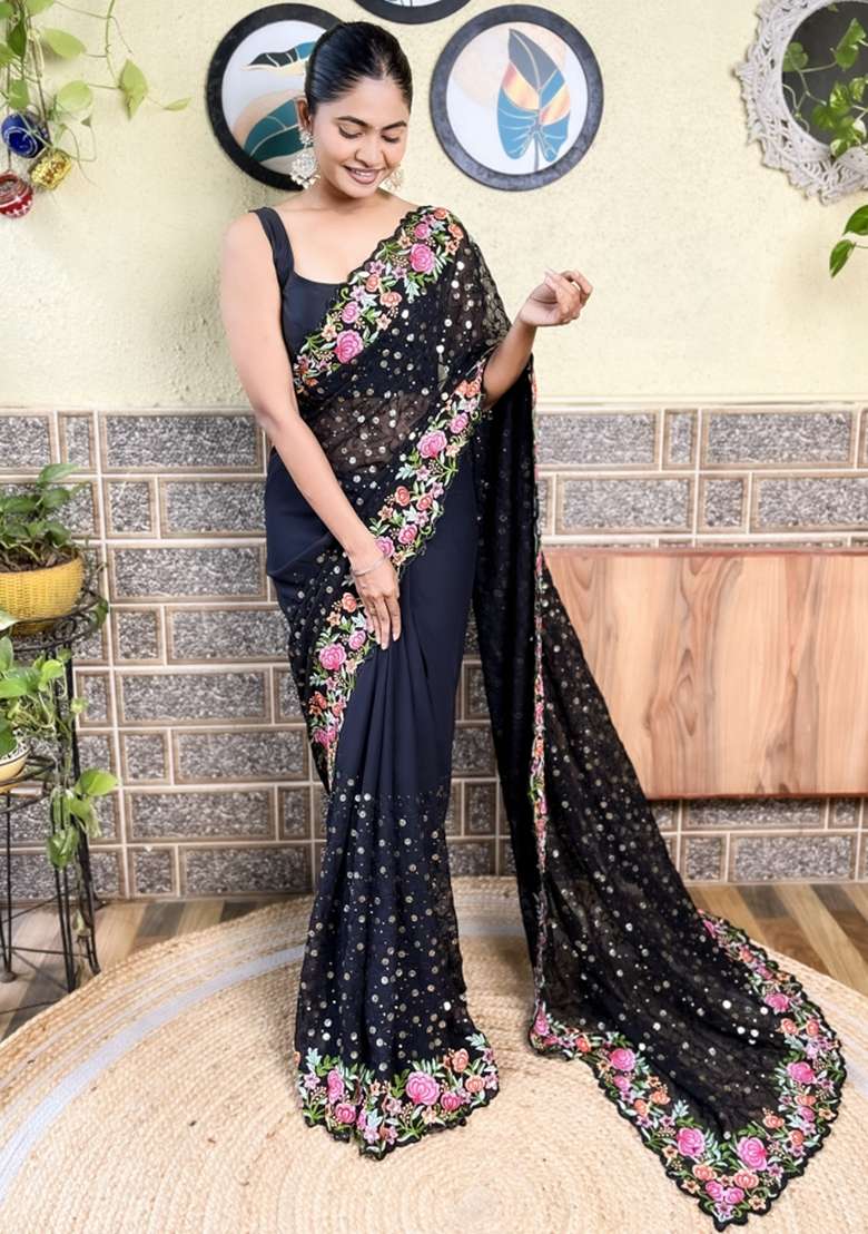Black Sequin Embroidered Georgette Saree Set - Indya