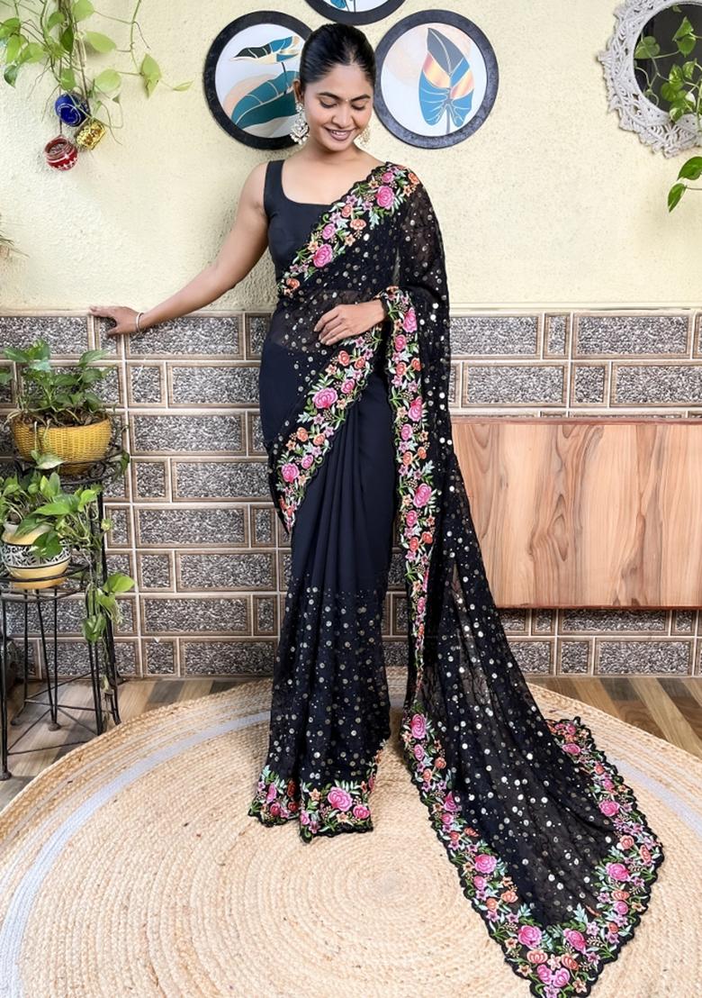 Black Sequin Embroidered Georgette Saree Set