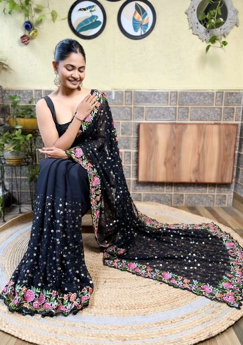 Black Sequin Embroidered Georgette Saree Set - Indya