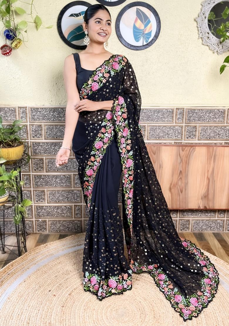 Black Sequin Embroidered Georgette Saree Set