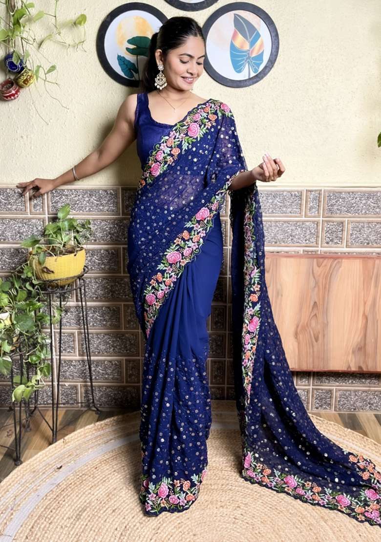 Navy Blue Sequin Embroidered Georgette Saree Set - Indya