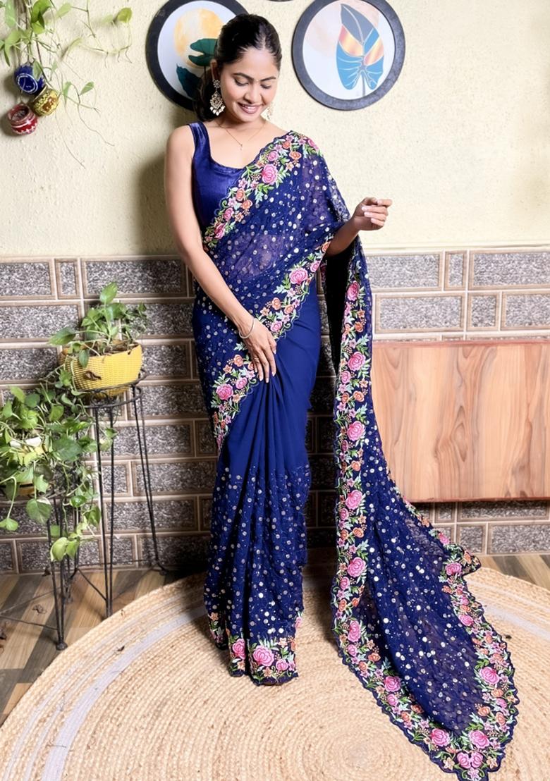 Navy Blue Sequin Embroidered Georgette Saree Set