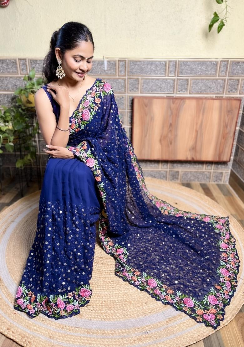 Navy Blue Sequin Embroidered Georgette Saree Set