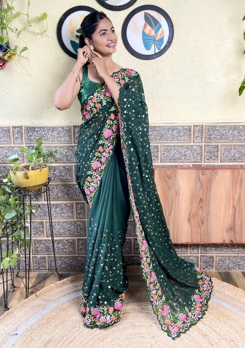 Green Sequin Embroidered Georgette Saree Set