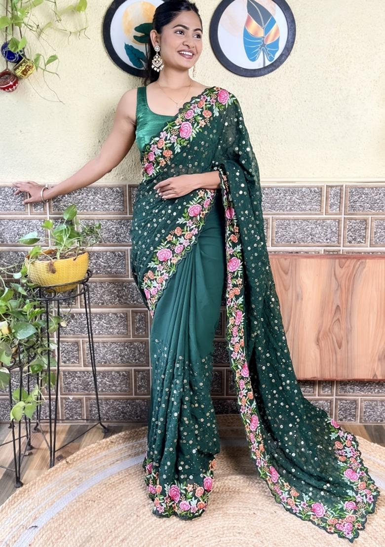 Green Sequin Embroidered Georgette Saree Set