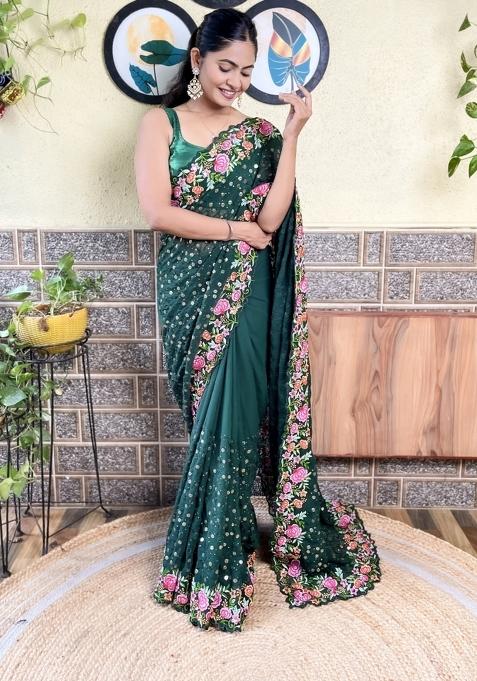 Green Sequin Embroidered Georgette Saree Set